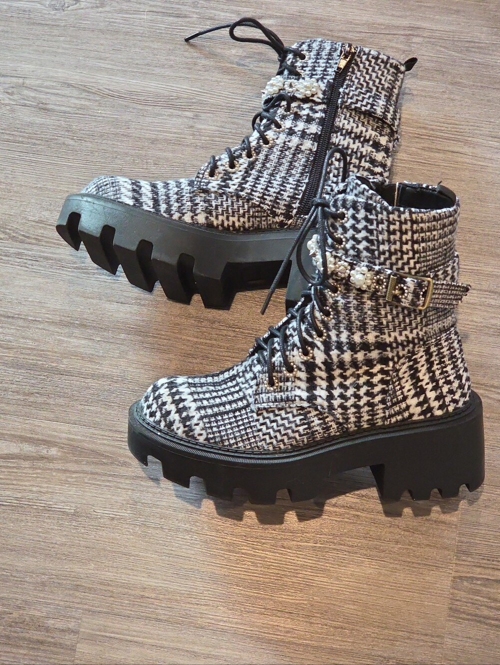 Betsey Johnson Black & White Houndstooth Pearl-Embellished Lace-Up Boot